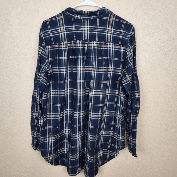 LOFT Gray Brown and Green Plaid Metallic Top with Buttons XL (3105) - Picture 2 of 6